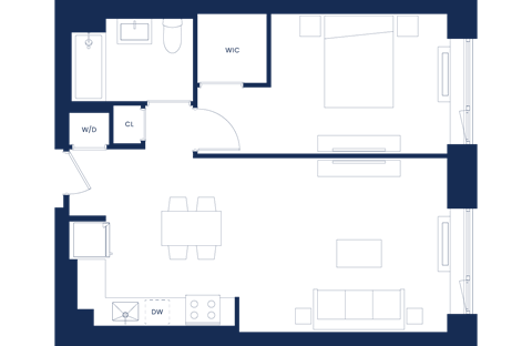 Floor plan for 1 bed, 1 bath, 707 sqft